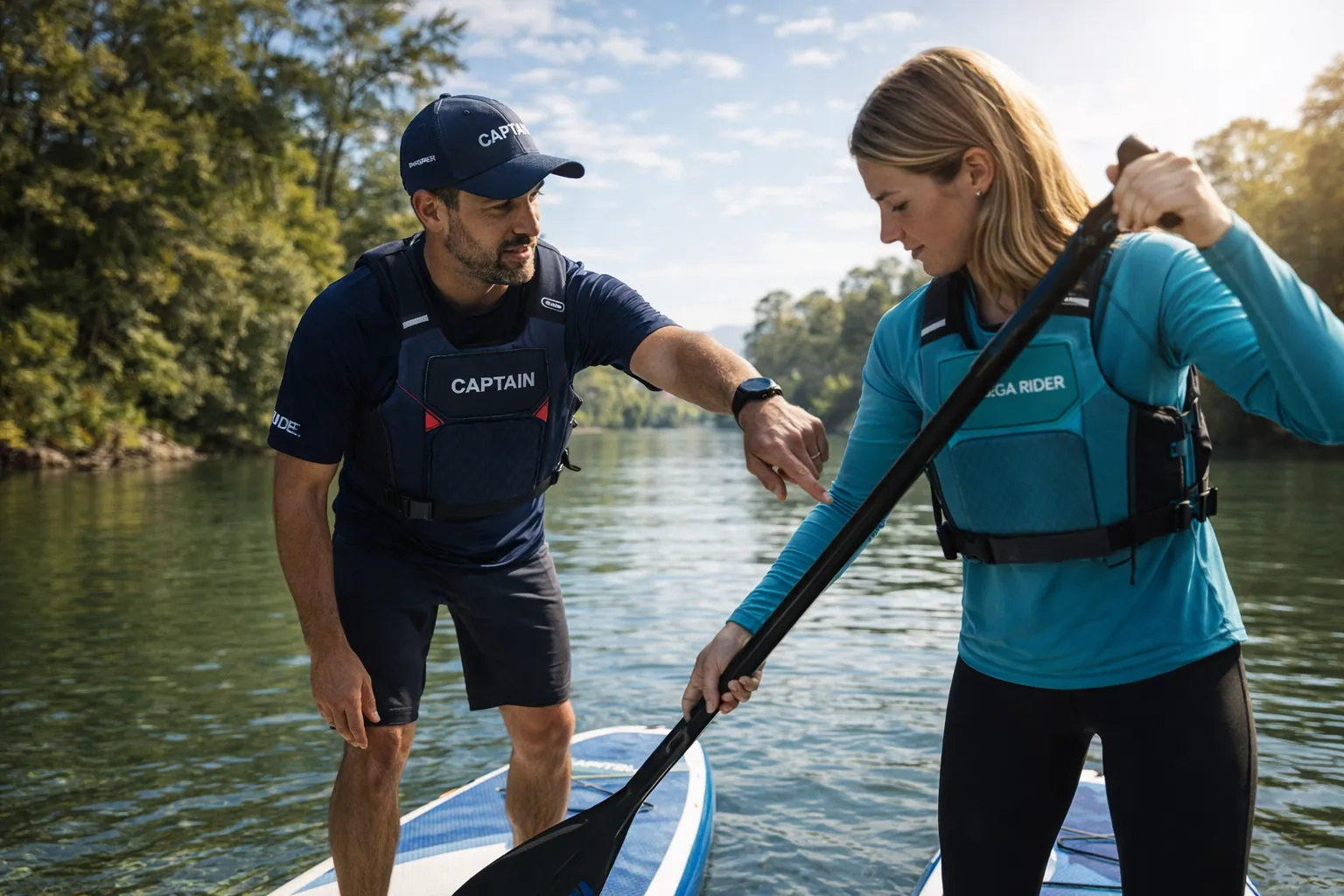 A Captain helping a Paddler prepare on the water
